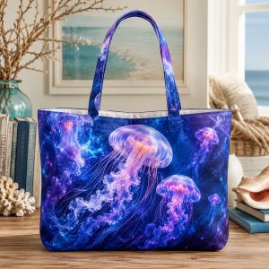 09_jelly Jellyfish illustrated on a zippered tote bag