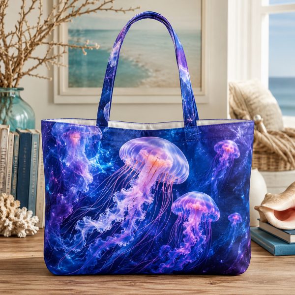 09_jelly Jellyfish illustrated on a zippered tote bag