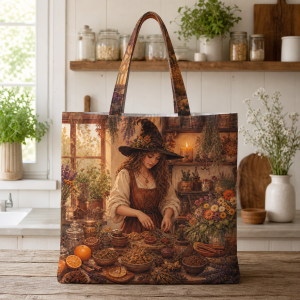 09_kitchen_witch Kitchen Witch illustrated on a zippered tote bag