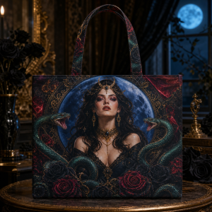 Lilith illustrated on a zippered tote bag