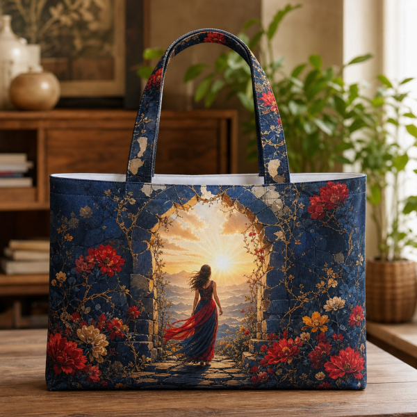 Nevertheless She Persisted illustrated on a zippered tote bag