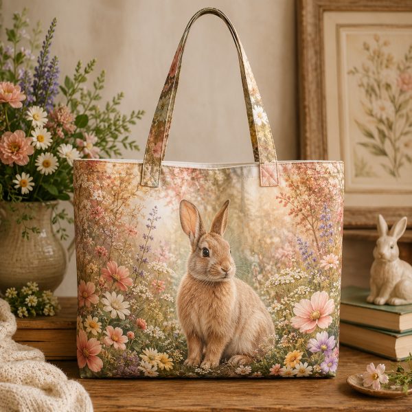 09_rabbit Woodland Rabbit illustrated on a zippered tote bag