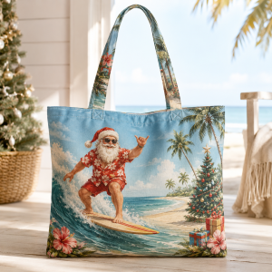 10-beachxmasa Surfing Santa illustrated on a zippered tote bag