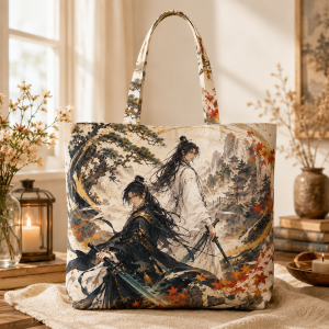 Autumn Vale illustrated on a zippered tote bag