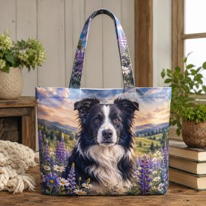 10_bordergrace Border Collie Meadow illustrated on a zippered tote bag