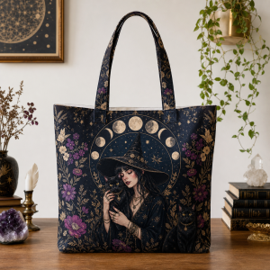 10_cat_witch Cat Witch illustrated on a zippered tote bag
