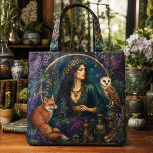 Circe illustrated on a zippered tote bag