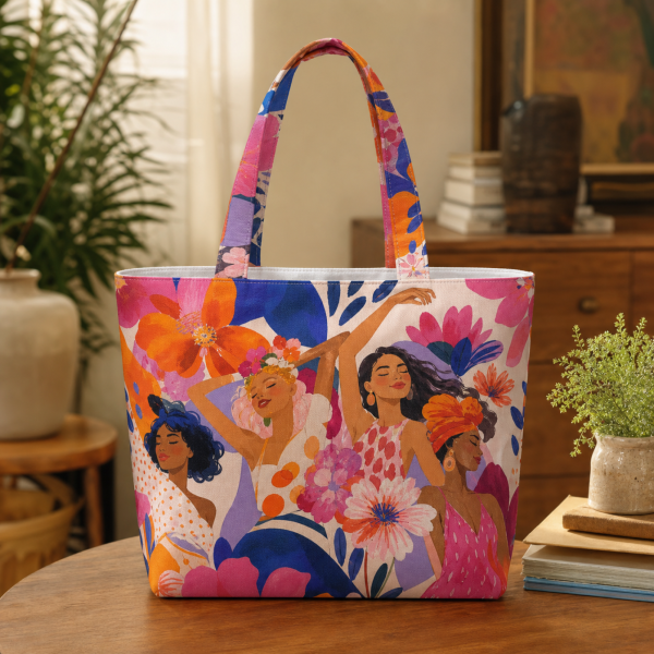 Girls Will Be Girls illustrated on a zippered tote bag