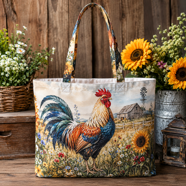 Farmyard Rooster illustrated on a zippered tote bag