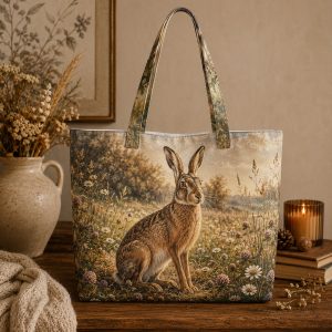 Hare illustrated on a zippered tote bag