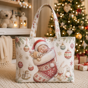 11-babysfirst Baby's First Christmas illustrated on a zippered tote bag