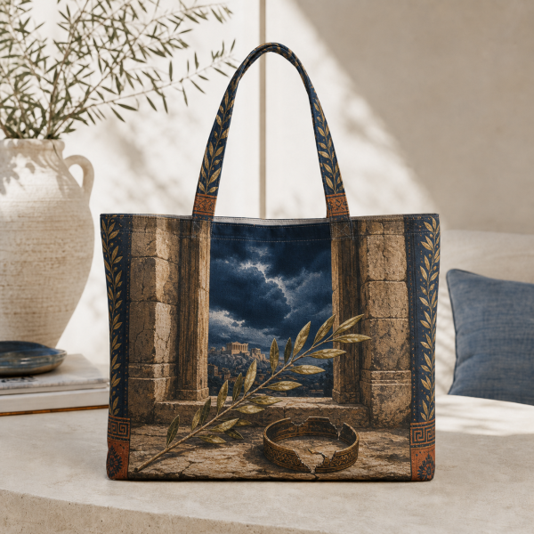 11_antigone Antigone illustrated on a zippered tote bag
