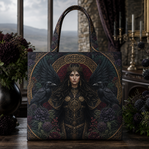 11_morrigan Morrigan illustrated on a zippered tote bag