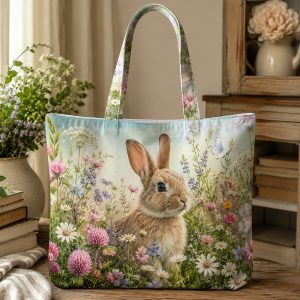 Wildflower Rabbit illustrated on a zippered tote bag