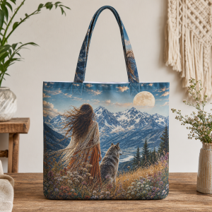 11_wild_woman Moonlit Mountain Woman and Wolf illustrated on a zippered tote bag