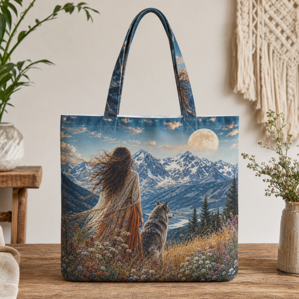 11_wild_woman Moonlit Mountain Woman and Wolf illustrated on a zippered tote bag