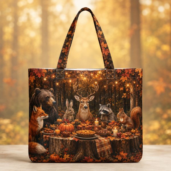 11_woodlandfeast Autumn Forest Animal Feast illustrated on a zippered tote bag