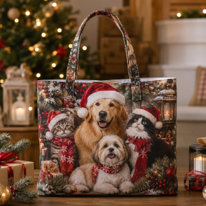 12-santapaws Santa Paws illustrated on a zippered tote bag