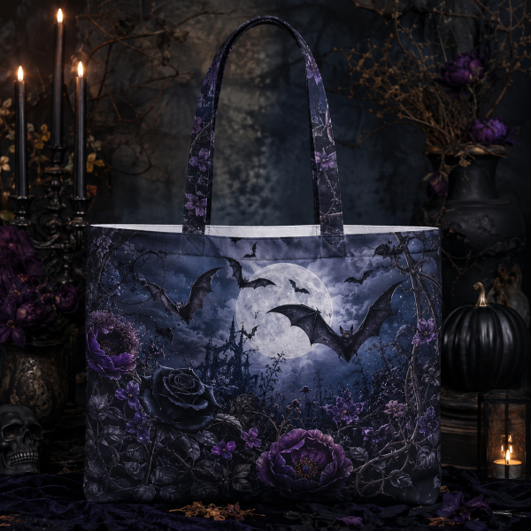 batgarden illustration on a zippered tote bag
