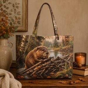 12_beaver Beaver illustrated on a zippered tote bag