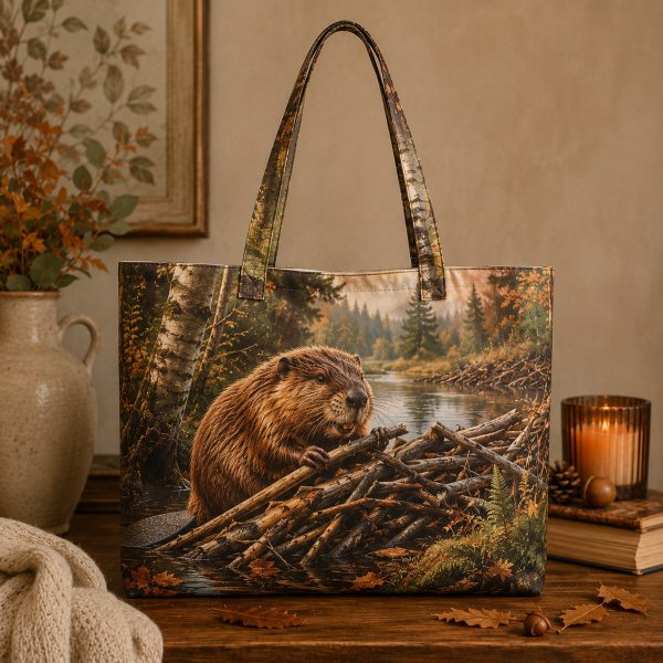 Beaver illustrated on a zippered tote bag