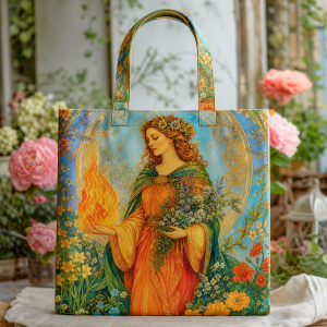 Brigid illustrated on a zippered tote bag