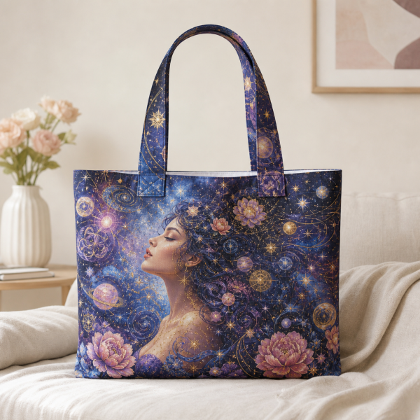 Celestial Woman illustrated on a zippered tote bag