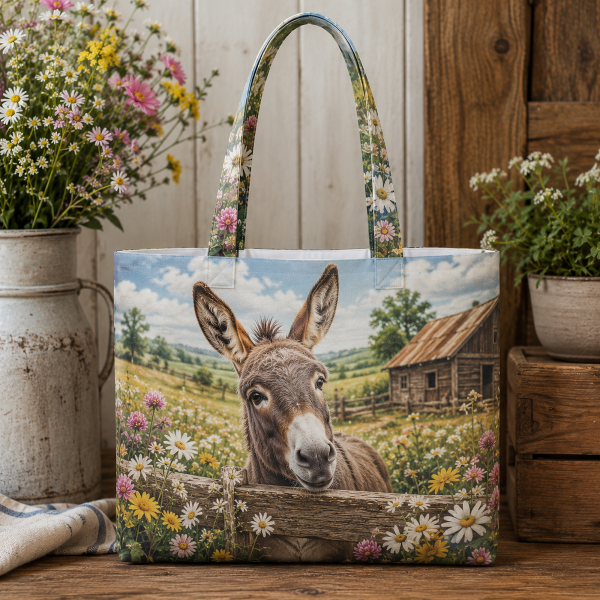 Donkey illustrated on a zippered tote bag