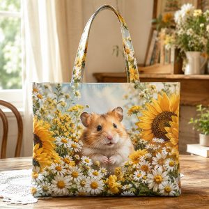 12_hamsterdaisy Hamster and Daisies illustrated on a zippered tote bag
