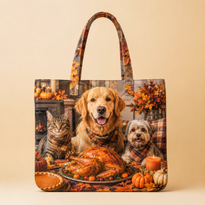 12_petsgiving Thanksgiving Pets illustrated on a zippered tote bag