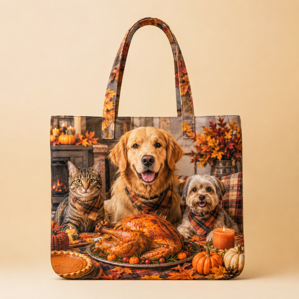 Thanksgiving Pets illustrated on a zippered tote bag