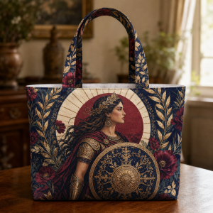 Warrior Woman illustrated on a zippered tote bag