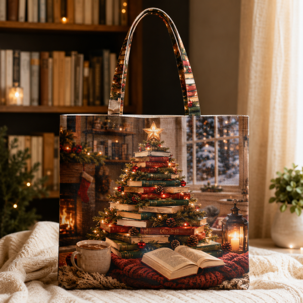 13-merrybooka Christmas Book Tree illustrated on a zippered tote bag