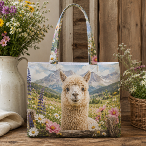 Alpaca illustrated on a zippered tote bag