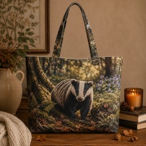 13_badger Badger illustrated on a zippered tote bag