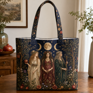 Triple Goddess illustrated on a zippered tote bag