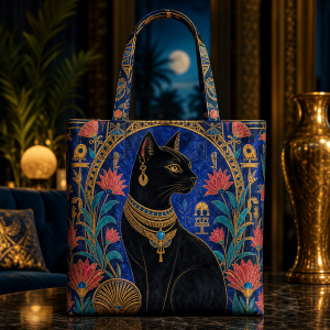 Bastet illustrated on a zippered tote bag