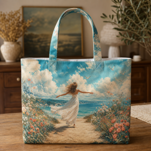 14_free_woman Free Woman illustrated on a zippered tote bag