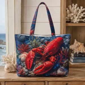 14_lobster Lobster illustrated on a zippered tote bag