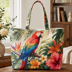 Tropical Parrot illustrated on a zippered tote bag