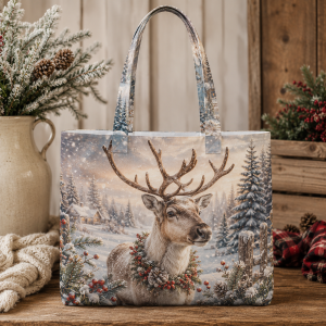 Reindeer illustrated on a zippered tote bag
