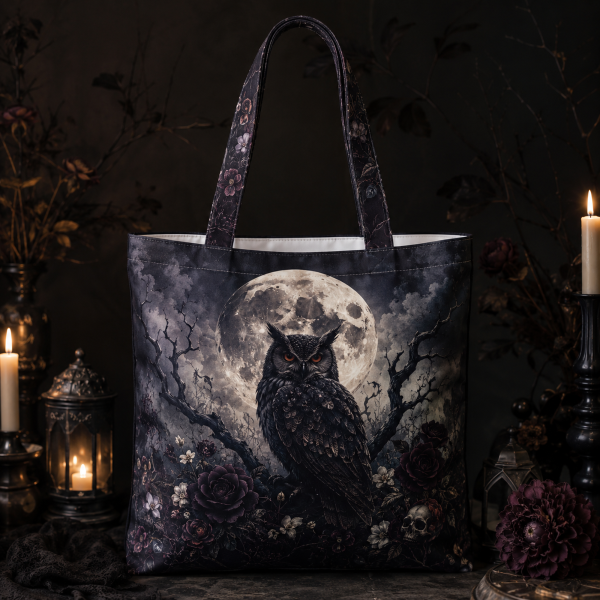 midnightowl illustration on a zippered tote bag