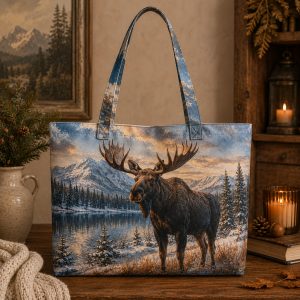Moose illustrated on a zippered tote bag