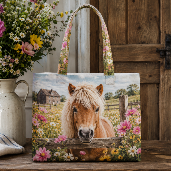 Pony illustrated on a zippered tote bag