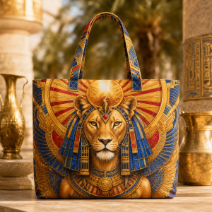 Sekhmet illustrated on a zippered tote bag