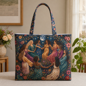 15_sisterhood_circle Sisterhood Circle illustrated on a zippered tote bag