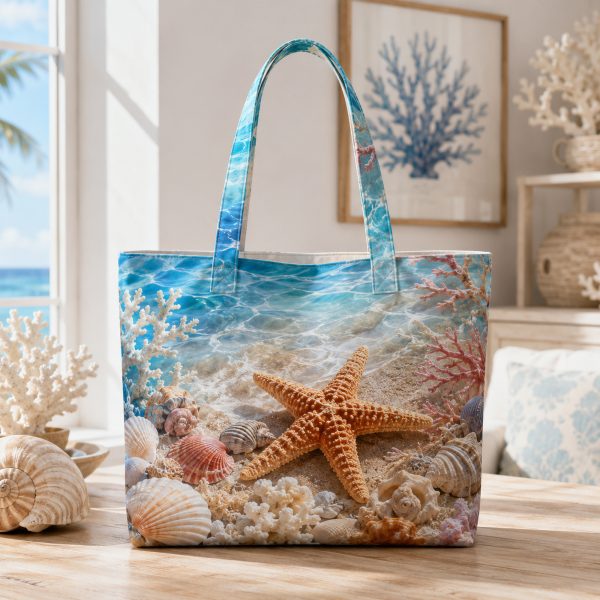 Starfish illustrated on a zippered tote bag
