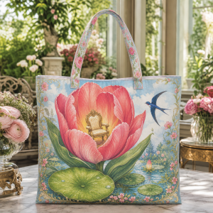 Thumbelina illustrated on a zippered tote bag