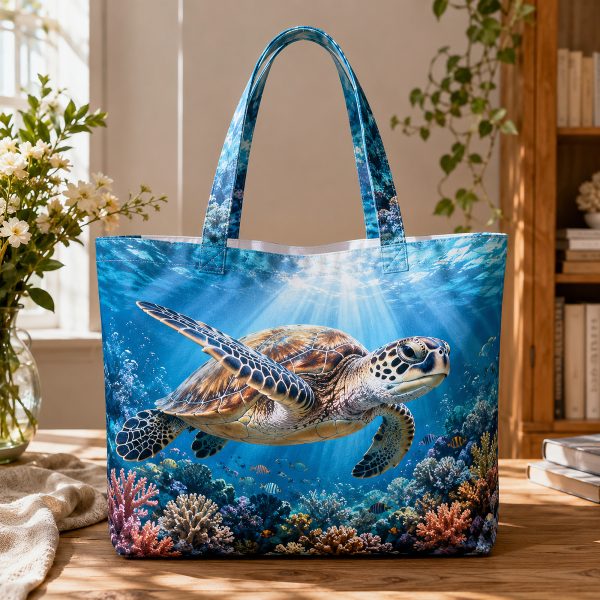 15_turtlesea Sea Turtle Reef illustrated on a zippered tote bag