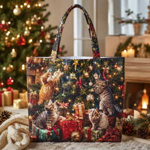 16-xmascats Christmas Cats illustrated on a zippered tote bag